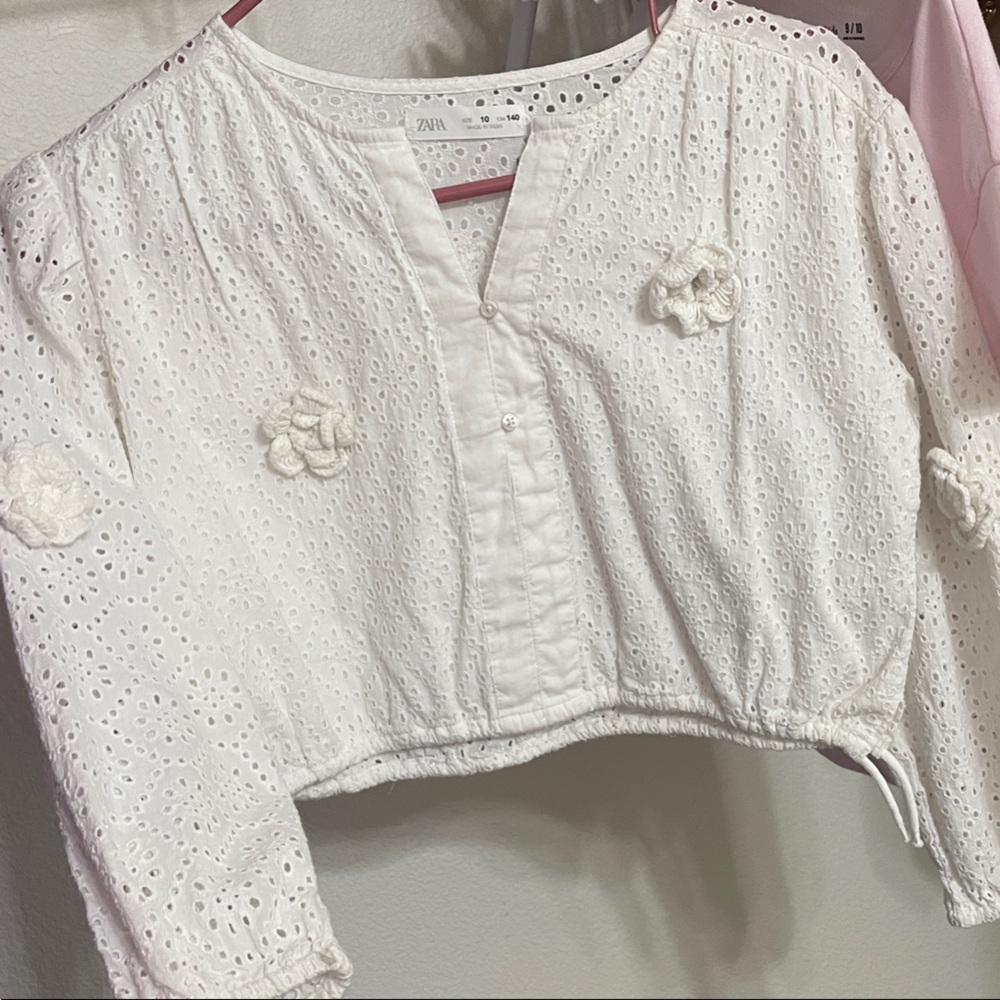White Eyelet Button-Front Top with Floral Appliqué